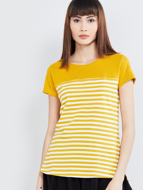

max Women Yellow Striped Round Neck T-shirt