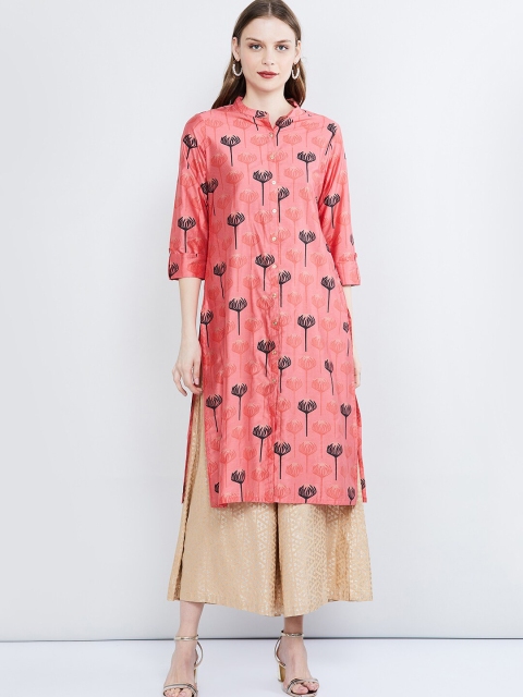 

max Women Pink & Navy Blue Printed Straight Kurta