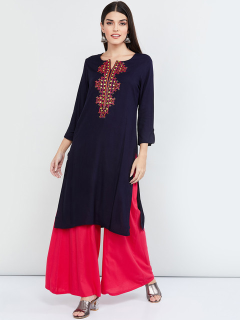 

max Women Navy Blue Yoke Design Straight Kurta