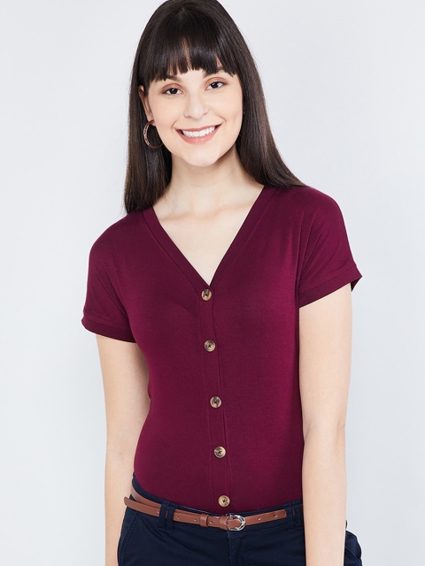 

max Women Maroon Solid V-neck Top
