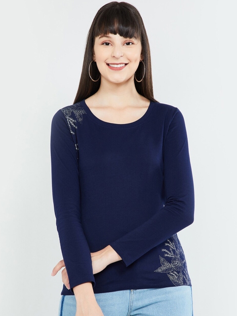 

max Women Navy Blue Printed Round Neck T-shirt