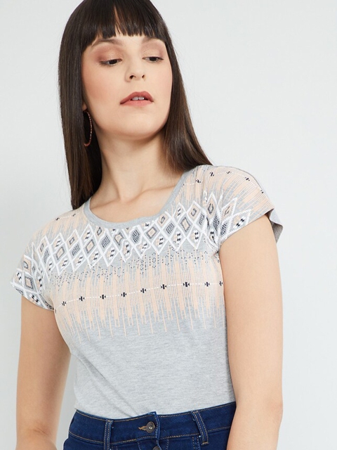 

max Women Grey Printed Round Neck T-shirt
