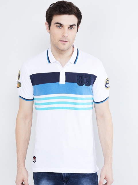 

max Men White & Blue Striped Polo Collar T-shirt