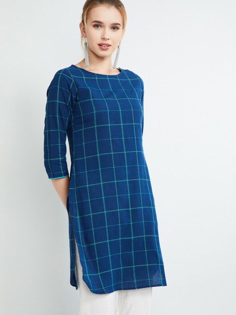 

max Women Blue & Green Checked Straight Kurti