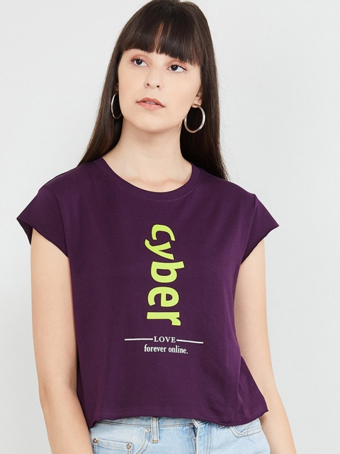 

max Women Violet Printed Round Neck T-shirt