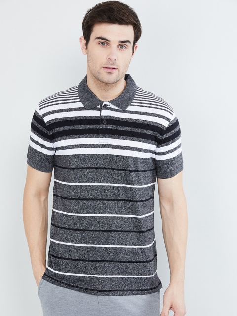 

max Men Charcoal Grey Striped Polo Collar T-shirt