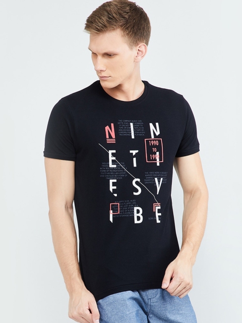 

max Men Black Printed Round Neck T-shirt
