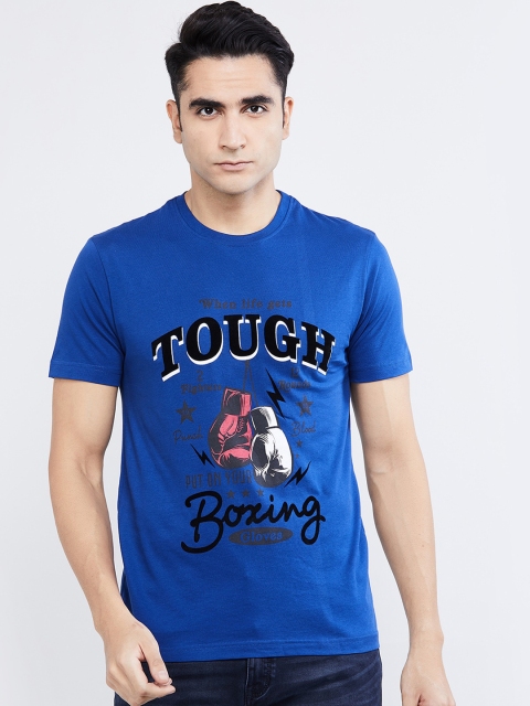 

max Men Blue Printed Round Neck T-shirt