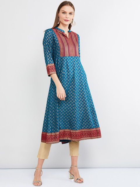 

max Women Blue Printed A-Line Kurta