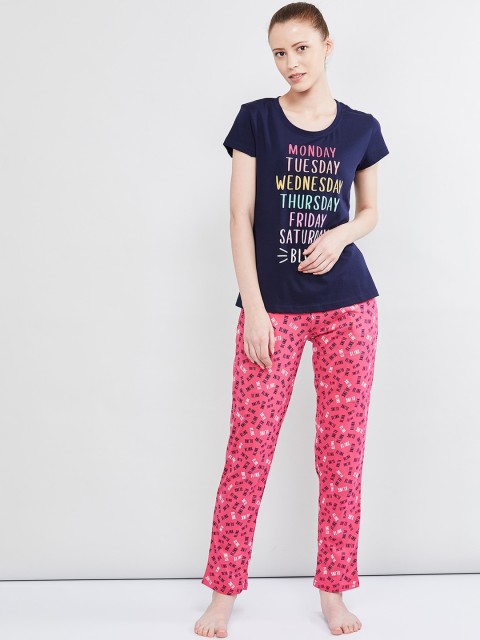 

max Women Navy Blue & Pink Printed Night Suit