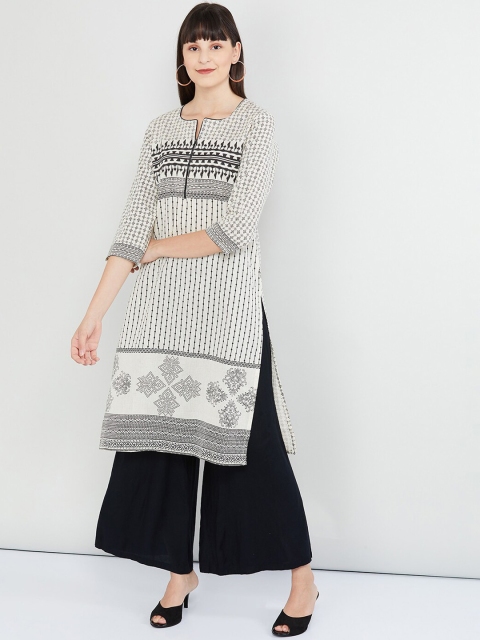 

max Women Off-White & Black Printed Straight Kurta