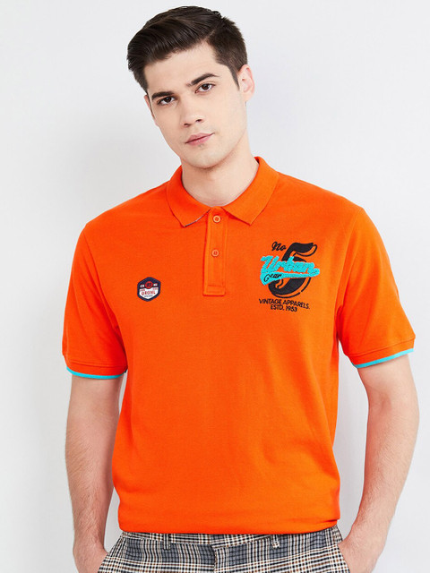 

max Men Orange Solid Polo Collar T-shirt