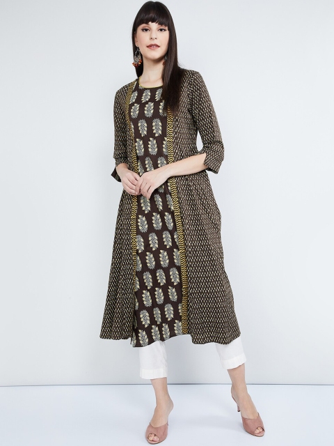 

max Women Coffee Brown & Beige Floral Print A-Line Kurta
