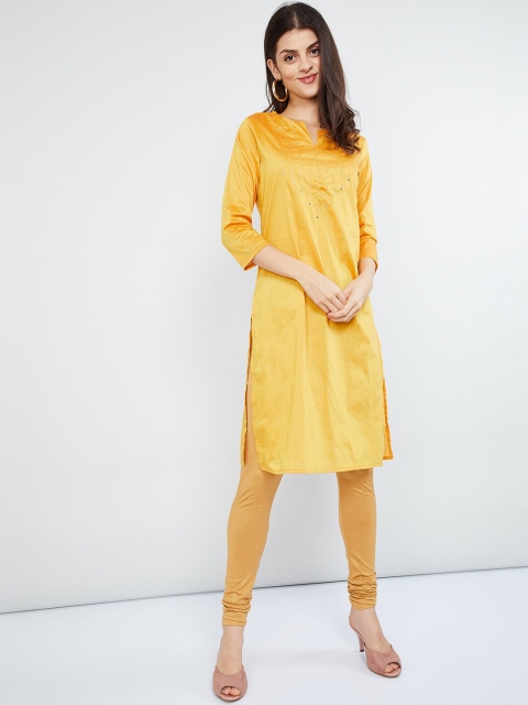 

max Women Mustard Yellow Embroidered Straight Kurta