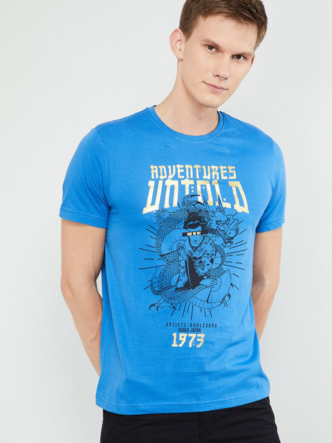 

max Men Blue Printed Round Neck T-shirt