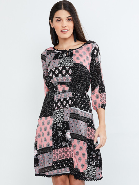 

max Women Multicoloured Printed Fit and Flare Dress, Multi
