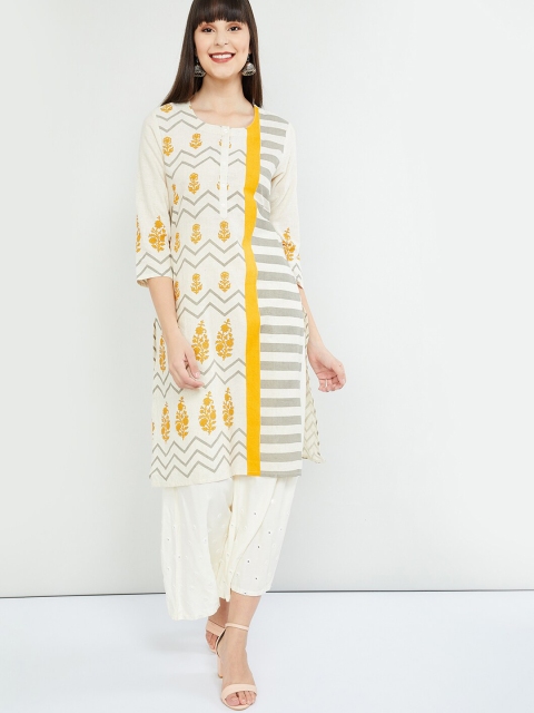 

max Women Off-White & Yellow Embroidered Straight Kurta