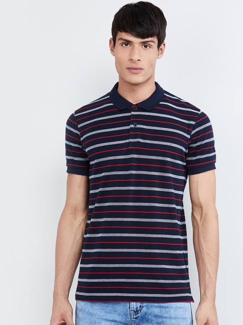 

max Men Navy Blue& Grey Striped Polo Collar T-shirt