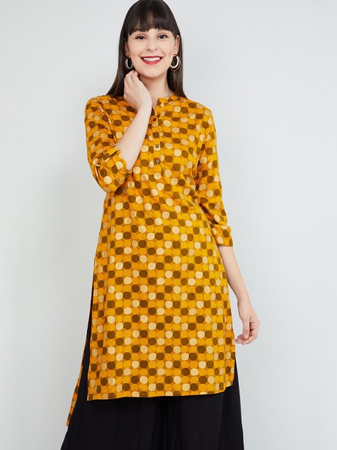 

max Women Mustard Yellow & Brown Printed Straight Kurta