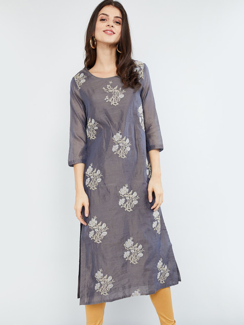 

max Women Grey & White Embroidered Straight Kurta