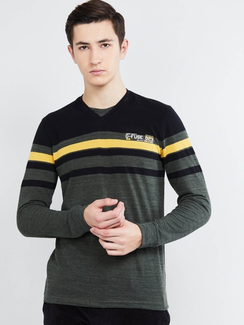

max Men Green & Black Striped Round Neck T-shirt
