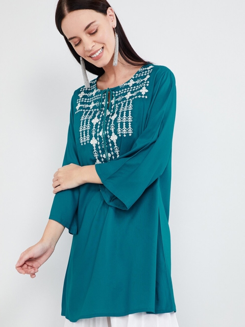 

max Women Teal Blue & White Embroidered A-line Kurti