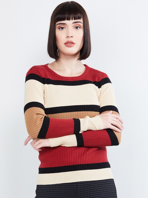 

max Women Red Striped Round Neck T-shirt