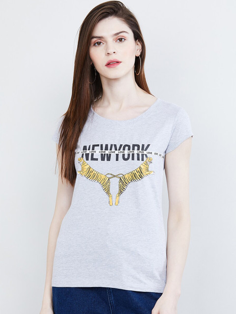 

max Women Grey Printed Round Neck T-shirt