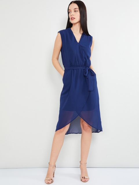 max Women Navy Blue Solid Wrap Dress