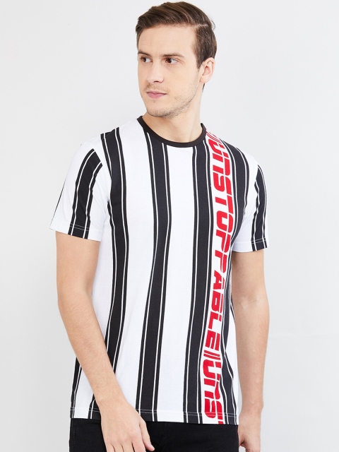 

max Men White & Black Striped Round Neck T-shirt