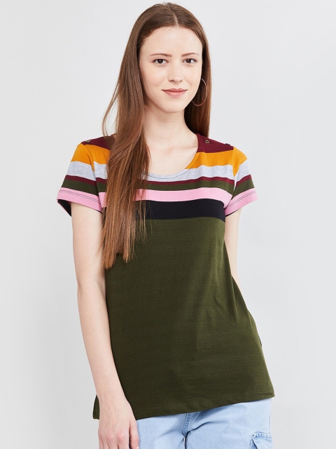 

max Women Olive Green Striped Round Neck T-shirt