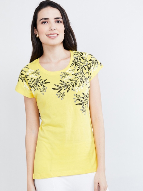 max Women Yellow & Black Tropical Print Round Neck T-shirt