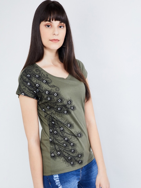 

max Women Olive Green Printed Boat Neck T-shirt