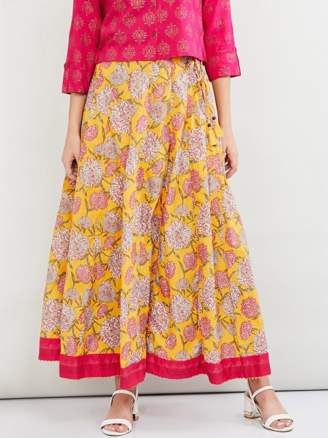 

max Women Mustard Yellow & Red Floral Printed A-line Maxi Pure Cotton Skirt
