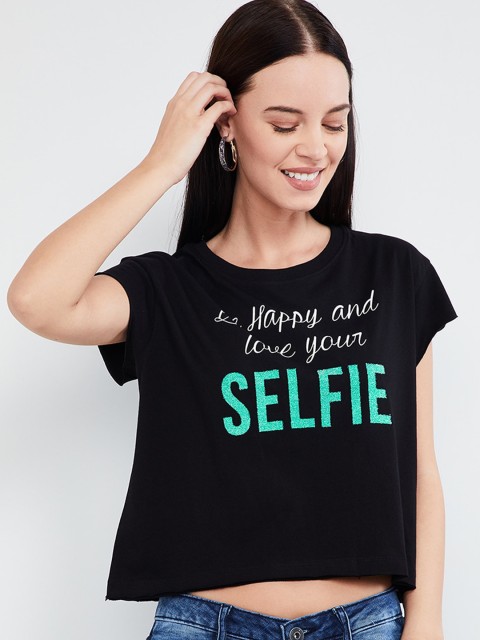 

max Women Black Printed Crop Boxy Top
