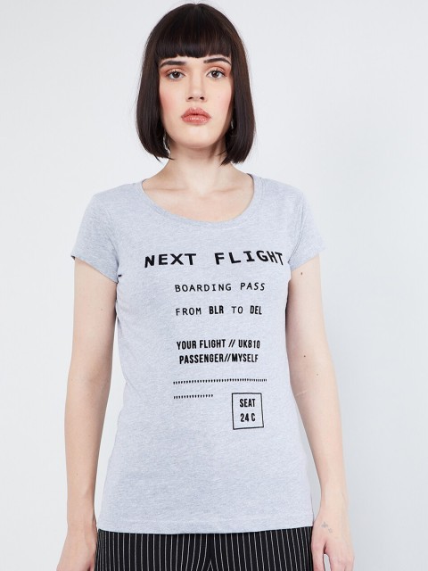 

max Women Grey Printed Round Neck T-shirt