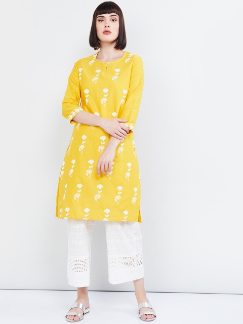 

max Women Mustard Yellow & White Embroidered Straight Kurta