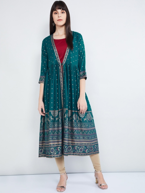 

max Women Teal Green & Red Embroidered Layered Anarkali Kurta