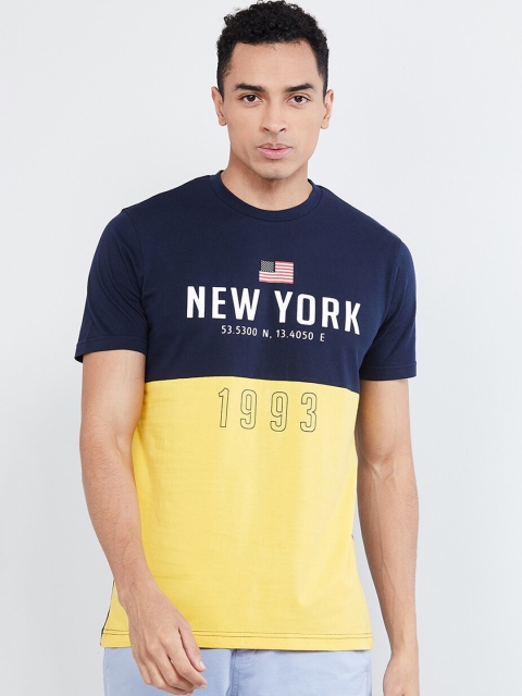 max Men Blue & Yellow Printed Round Neck T-shirt