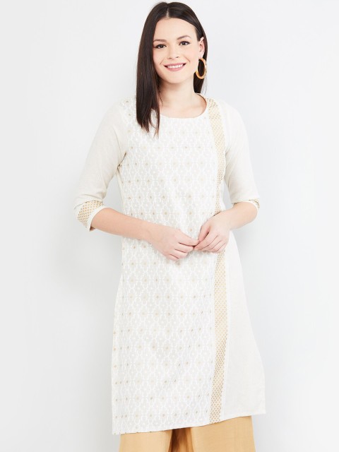

max Women Off-White & Gold-Toned Printed Straight Kurta