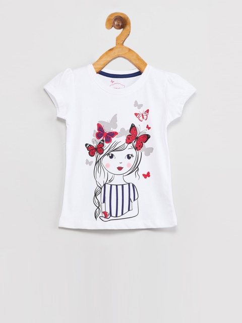 

max Girls White Printed Round Neck T-shirt