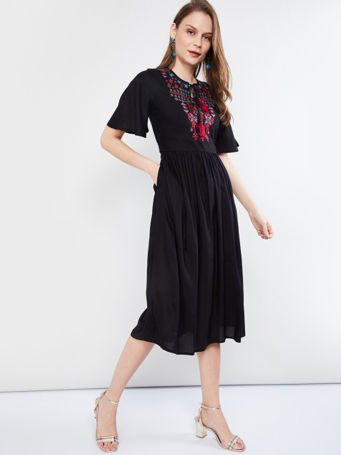 

max Women Black Embroidered A-Line Dress