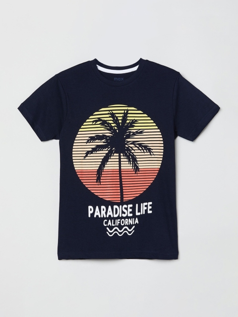 

max Boys Navy Blue & Yellow Printed Round Neck T-shirt