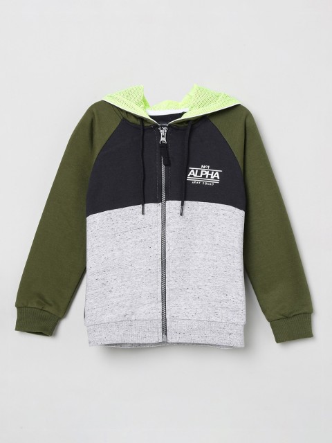 

max Boys Olive Green & White Colourblocked Hooded Sweatshirt