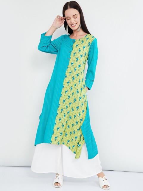 

max Women Lime Green & Sea Green Printed A-Line Kurta