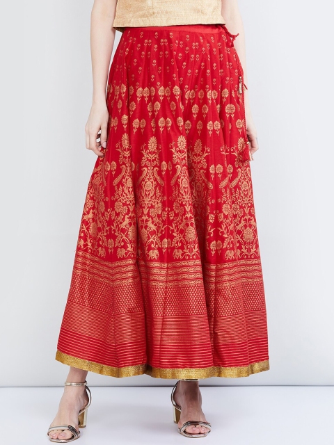 

max Women Red & Gold-Colour Printed Flared Maxi Skirt
