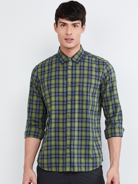 

max Men Green & Navy Blue Regular Fit Checked Casual Shirt