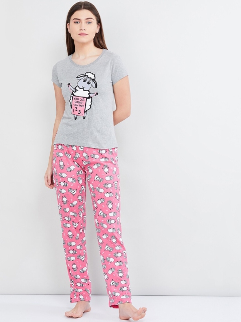 max Women Grey & Pink Printed Night suit