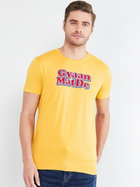 

max Men Yellow Printed Round Neck T-shirt