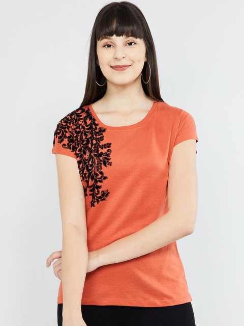 

max Women Rust Orange Printed Round Neck T-shirt